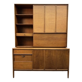 Mid 20th Century Barney Flagg for Drexel Parallel Mid-Century Walnut and Cane Credenza and Hutch For Sale