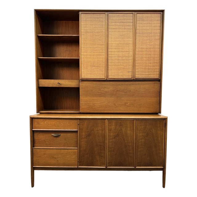 Mid 20th Century Barney Flagg for Drexel Parallel Mid-Century Walnut and Cane Credenza and Hutch For Sale