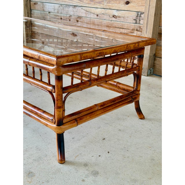 Vintage Brighton Pavilion Scorched Bamboo Coffee Table With Glass Top For Sale - Image 10 of 12