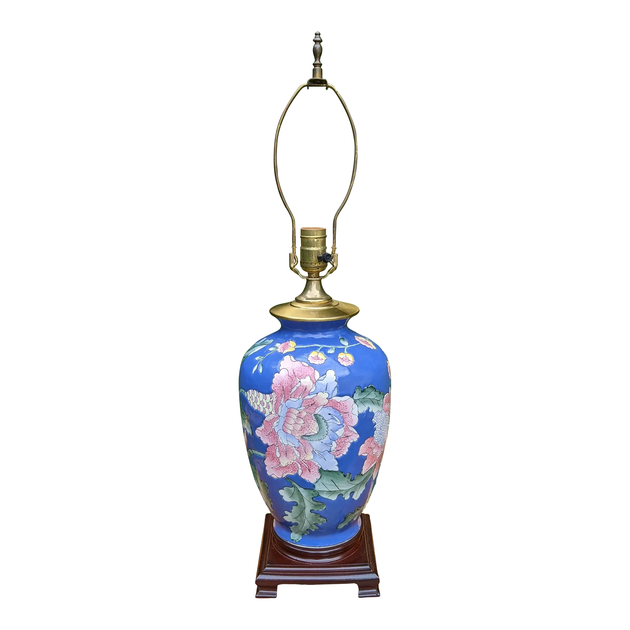 1980s Asian Ceramic Famille Bleu Lamp with Rose Yellow Green