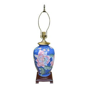 1980s Asian Ceramic Famille Bleu Lamp with Rose Yellow Green Enamel Flowers