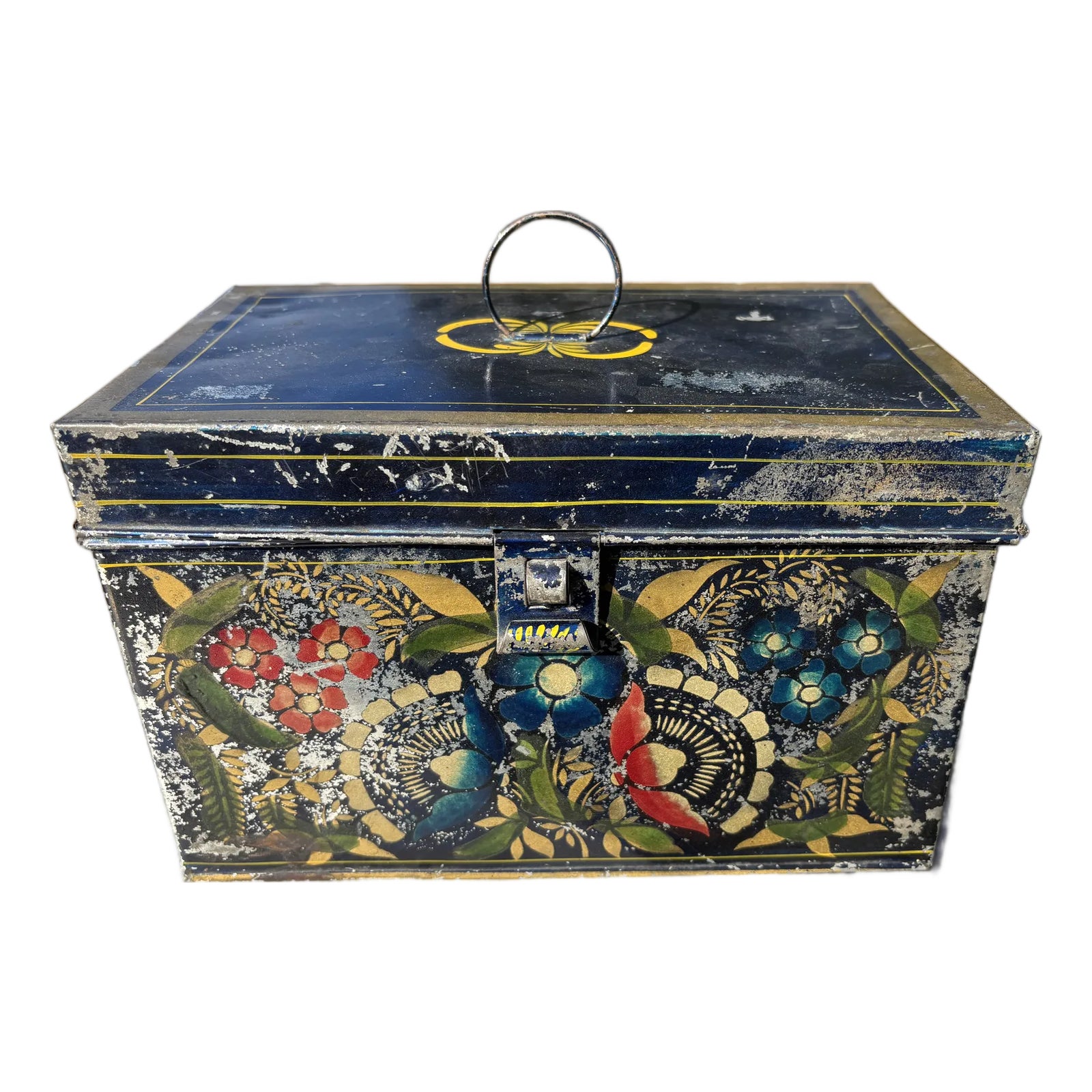 Rare 19th C. Tole Painted Document Safe Box in Blue | Chairish