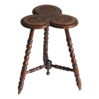 Antique Oak Wooden Side Table with Floral Carved Bobbin Leg and Pedestal Trefoil Top, 1920s For Sale