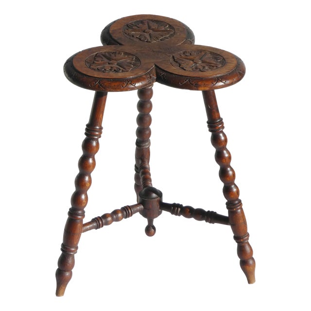 Antique Oak Wooden Side Table with Floral Carved Bobbin Leg and Pedestal Trefoil Top, 1920s For Sale