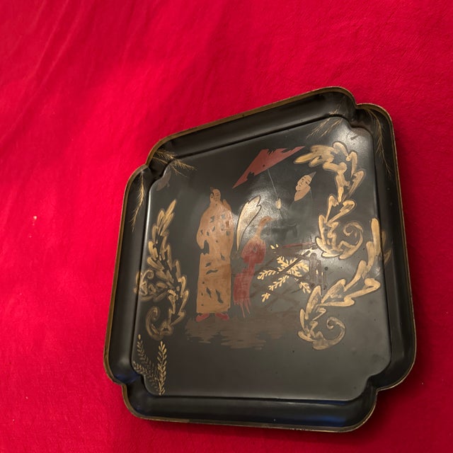 Vintage Hand Painted Gold Chinese Metal Tray For Sale In Atlanta - Image 6 of 9