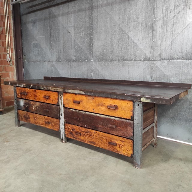 Industrial Workbench with Wooden Drawers For Sale - Image 5 of 12