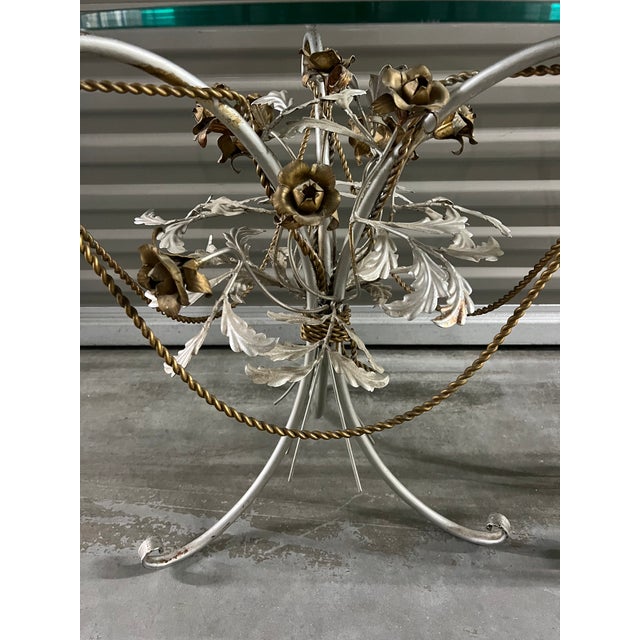 Mid 20th Century Italian Mid Century Mixed Metal Wrought Iron Side Tables, Glass Top Pair For Sale - Image 5 of 7