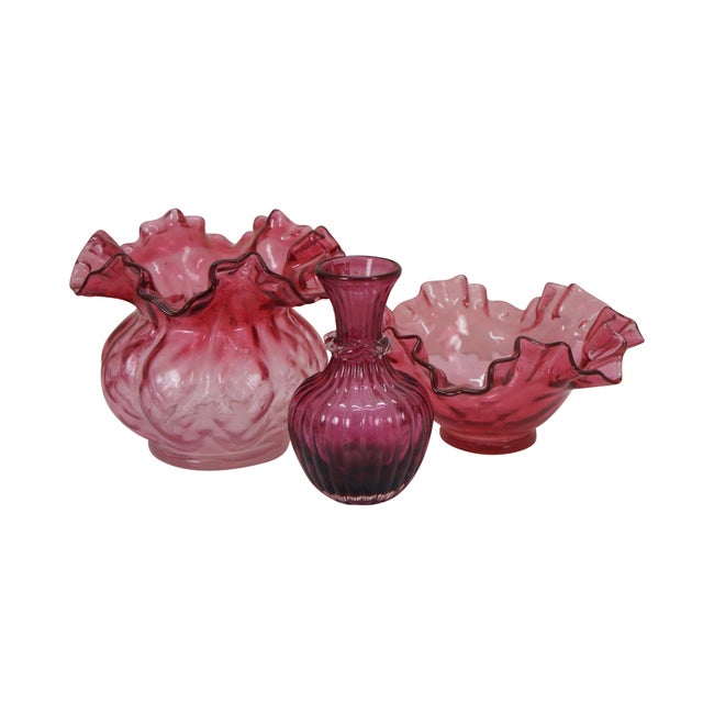 Victorian Late 20th Century Cranberry Art Glass Ruffled Pitchers Decanters Vase Bowl Compote Fenton - Set of 6 For Sale - Image 3 of 18