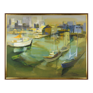 "City Harbor" Mid Century Modern Oakland Seascape in Oil on Linen by Carol Sideman