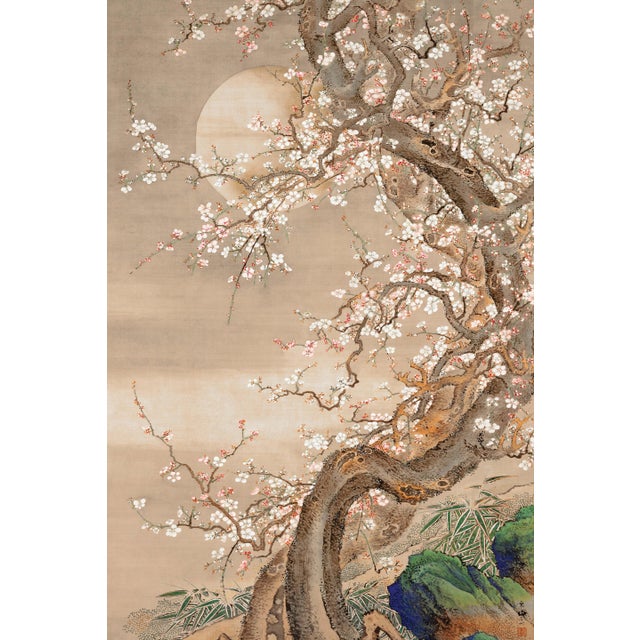 Japanese Plum Blossoms in Moonlight by Sō Shizan, Japanese Art, 16" X 24" For Sale