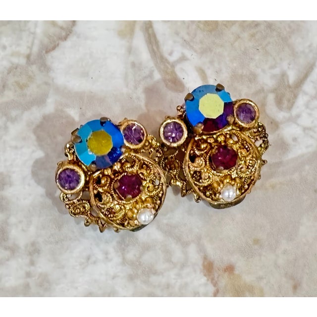 1940s-50s Iridescent Rhinestone Cluster Earrings Marked