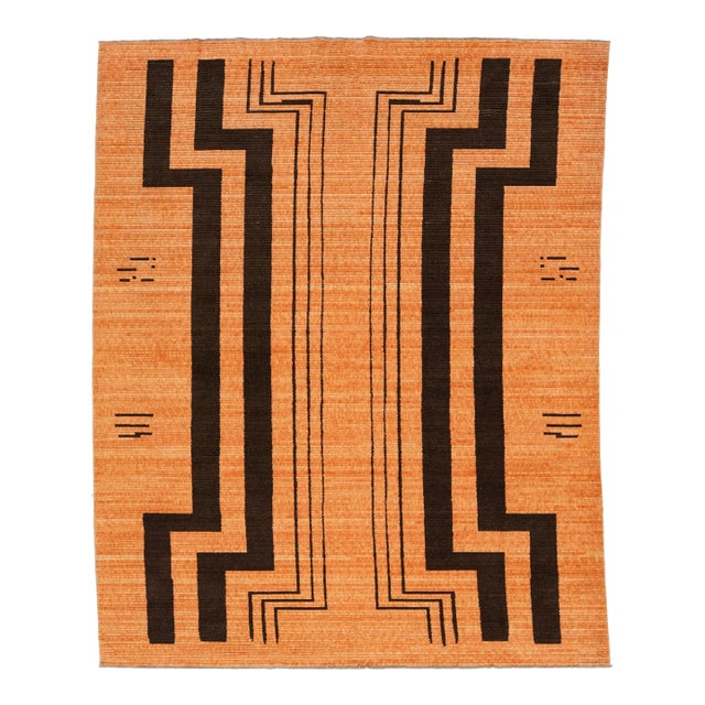10 X 12 Modern Hand Loom Designed Wool Rug in Orange For Sale