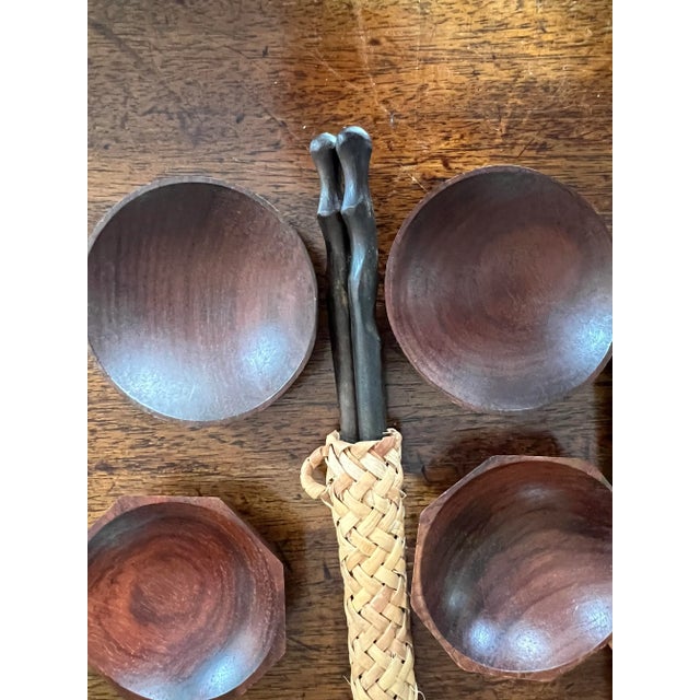 1990s 1990s Wood Chopsticks With Rattan Holder & Dipping Bowls Set- 15 Pieces For Sale - Image 5 of 12