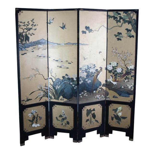 Vintage Chinese Black Lacquer 4 Panel Hand Painted Folding Screen Room Divider For Sale