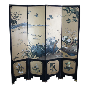 Vintage Chinese Black Lacquer 4 Panel Hand Painted Folding Screen Room Divider