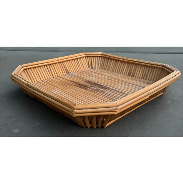 Chinoiserie Vintage Square Bamboo & Rattan Clipped-Corner Serving Tray For Sale - Image 3 of 12