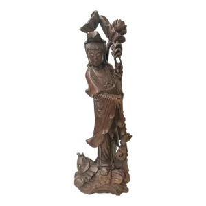 Vintage Chinese Boxwood Handcarved Lotus Fish Bodhisattva Guan Yin Statue