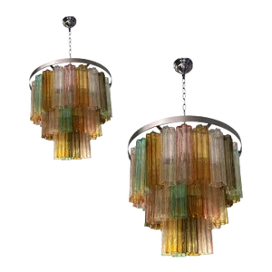 Contemporary Multicolor Tronchi Murano Glass Chandeliers - a Pair