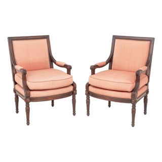 1940s Pair of Louis XVI Style Carved Mahogany Fauteuils, Ex-Estate of Gilbert C. Maurer For Sale