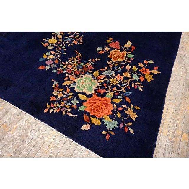1930s Black Floral Spray Antique Chinese Art Deco Carpet 8'10" X 11'6" Handknotted Wool Rug For Sale - Image 12 of 13