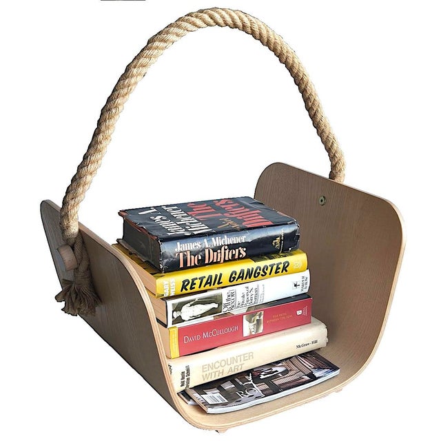 Offered is a Scandinavian style Ikea brand Värmer, firewood basket made of Ash bentwood with a thick hemp nautical rope...