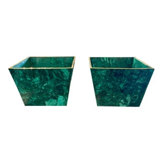 Pair French Malachite Planters With Brass Trim For Sale