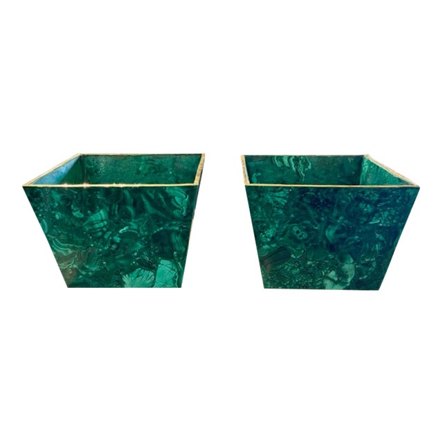 Pair French Malachite Planters With Brass Trim For Sale