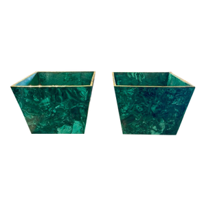 Pair French Malachite Planters With Brass Trim