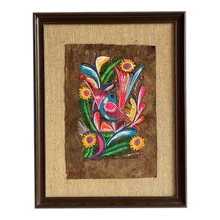 Vintage Framed Amate Bark Wall Art/Mexican Folk Art For Sale
