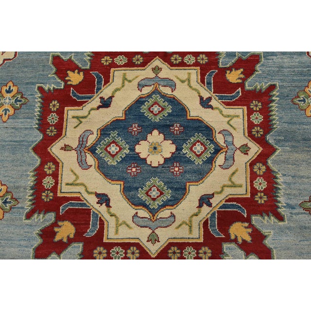 Kazak Rug 10’1” X 13’6” Blue Wool Tribal Hand-Knotted Oriental Carpet For Sale In Philadelphia - Image 6 of 15