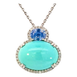 Persian Turquoise Sapphire Diamond Necklace 17" 14k WG 19.03 TCW Certified For Sale
