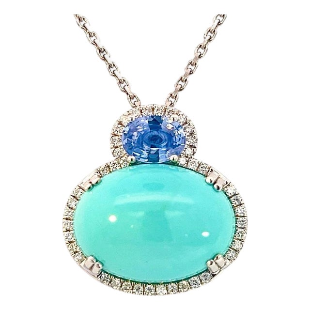 Persian Turquoise Sapphire Diamond Necklace 17" 14k WG 19.03 TCW Certified For Sale