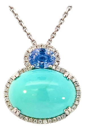 Persian Turquoise Sapphire Diamond Necklace 17" 14k WG 19.03 TCW Certified