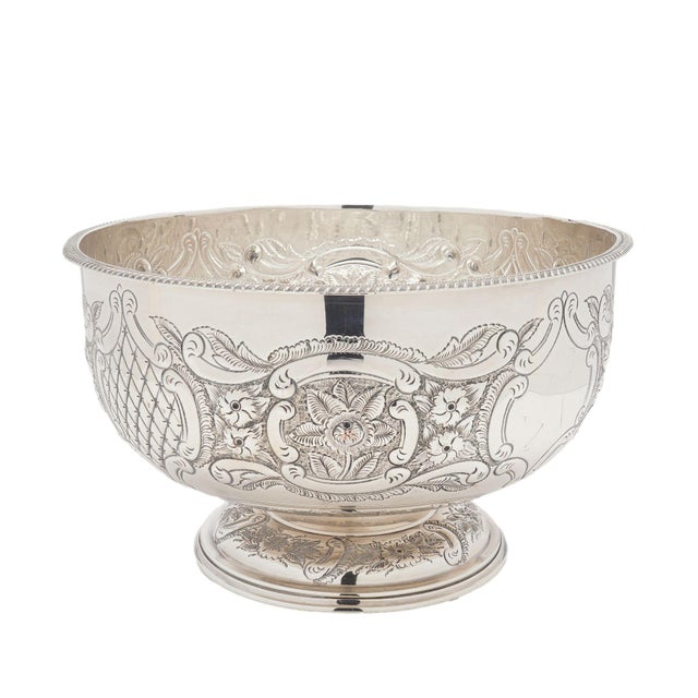 Vintage Hand Chased English Sheffield Punch Bowl & Tray, C. 1900-50 For Sale - Image 4 of 12