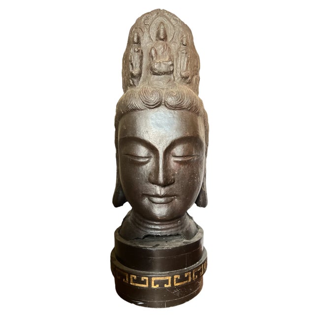 Japanese Heroic Ming Bodhisaatva Cast Iron Heads - Set of 2 For Sale - Image 3 of 8