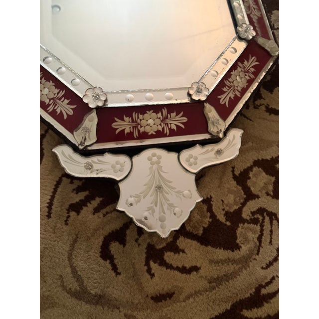 Red Wall Mirror Red Venetian Octagonal Etched Glass Floral Hollywood Regency For Sale - Image 8 of 8