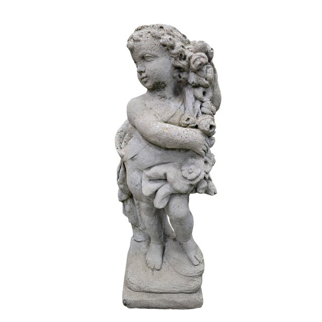 White Vintage Garden Cherub Statue Holding Floral Garland For Sale - Image 8 of 8