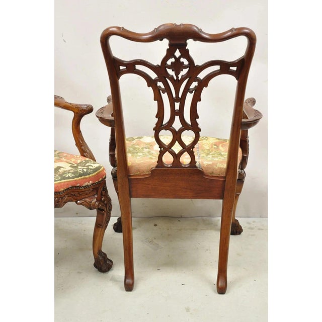 Late 20th Century Maitland Smith Georgian Carved Mahogany Needlepoint Dining Arm Chairs - A Pair For Sale - Image 10 of 11
