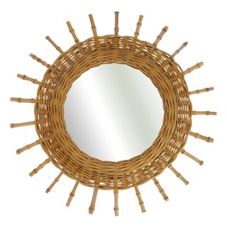 Mid-Century French Riviera Round Rattan Mirror, 1960s For Sale