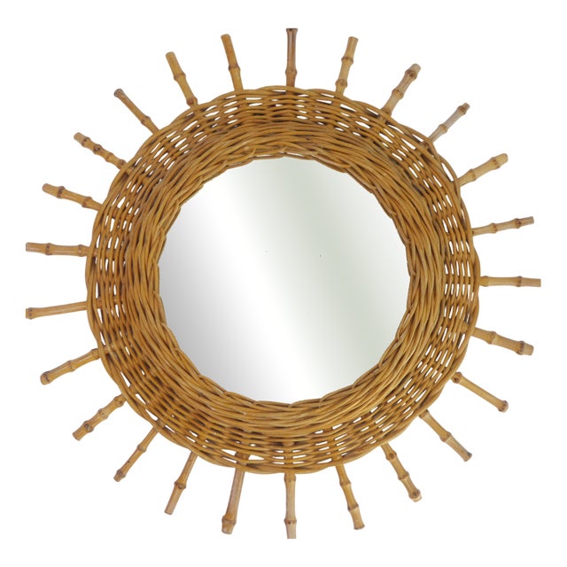 Mid-Century French Riviera Round Rattan Mirror, 1960s For Sale