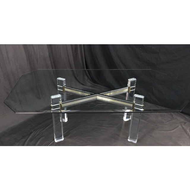 Chrome Brass & Lucite X Shape Base Beveled Glass Top Rectangle Dining Table For Sale - Image 10 of 13