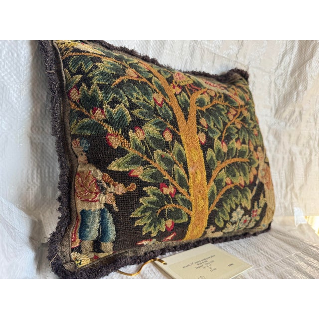Early 17th century English needlepoint decorative pillow created from an authentic hand stitched wool and silk fragment...