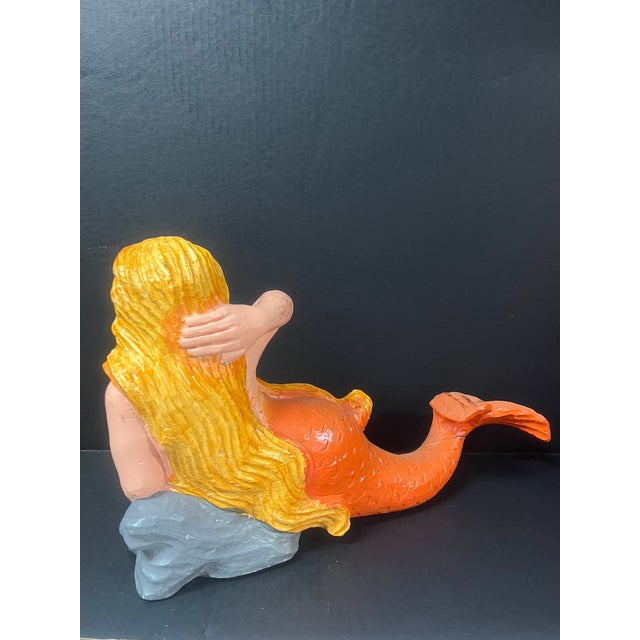 Folk Art Carved Wood Mermaid Sculpture With Gold Haier and Orange Tail and Glass Eyes For Sale - Image 9 of 10