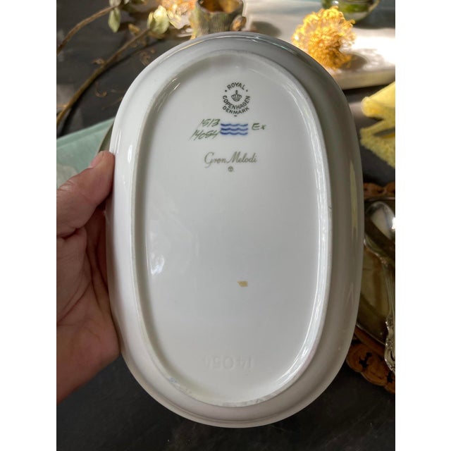 Royal Copenhagan Early 19th Century Danish Oval Serving Plates by Thorkild Olsen Royal Copenhagen Porcelain in Green Melodi - a Pair For Sale - Image 4 of 10