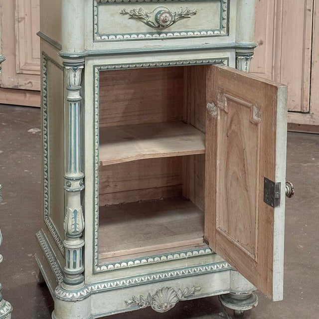 Pair 19th Century French Louis XVI Painted Nightstands With Carrara Marble For Sale - Image 15 of 18