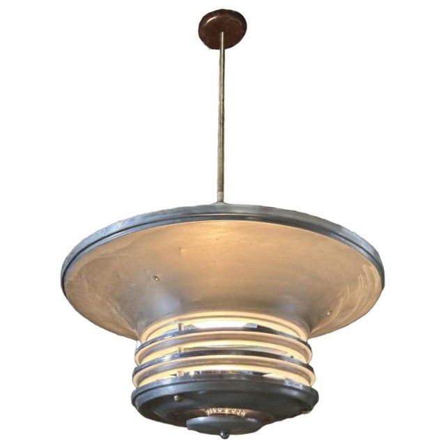 Art Deco 1930s Art Deco Machine Age Spun Aluminum 23" 3 Ring Pendant Light, 5 Available For Sale - Image 3 of 12