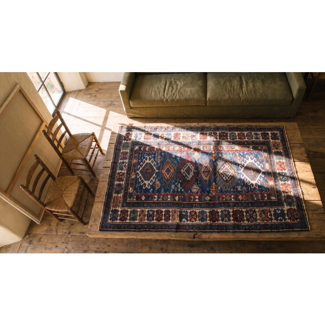 1890s Blue Navy Geoemtric Tribal Antique Caucasian Shirvan Rug 3'6" X 4'8" Handknotted Wool Carpet For Sale - Image 9 of 9