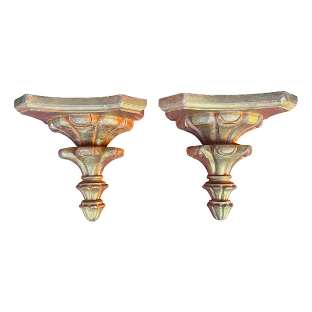 Pair of Vintage Hand-Carved Giltwood Wall Brackets / Shelves – Italian Florentine Style, 9” For Sale