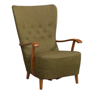 Danish Modern, Highback Lounge Chair, Elm, Wool, Denmark, 1950s For Sale