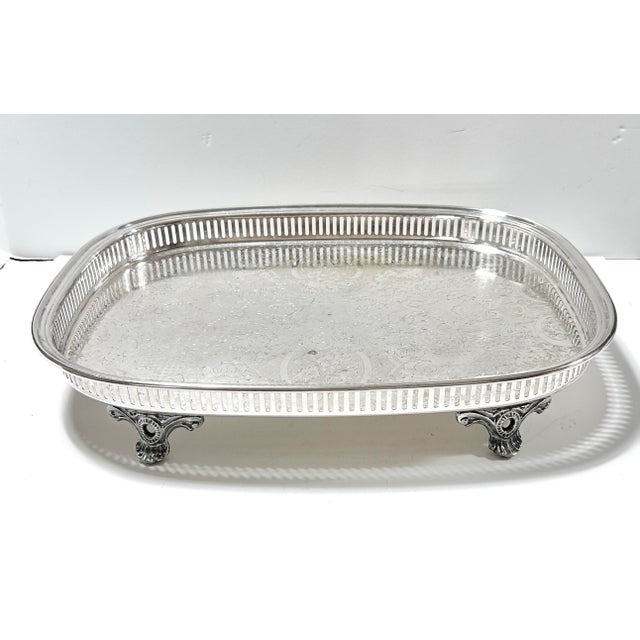 Antique Silverplate Gallery Tray – Engraved Serving Tray With Cast Feet, c.1900 Bar Cart Entertaining For Sale - Image 11 of 12